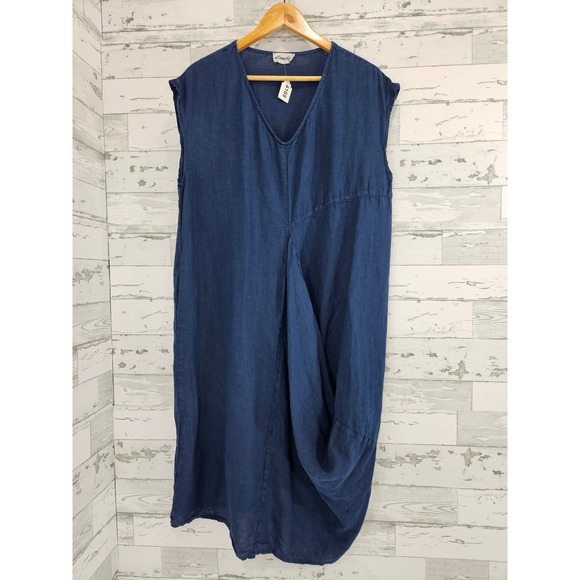 Ellamoda Dresses & Skirts - Ellamoda Navy Blue 100% Linen V-Neck Sleeveless Draped Bubble Midi Dress Medium